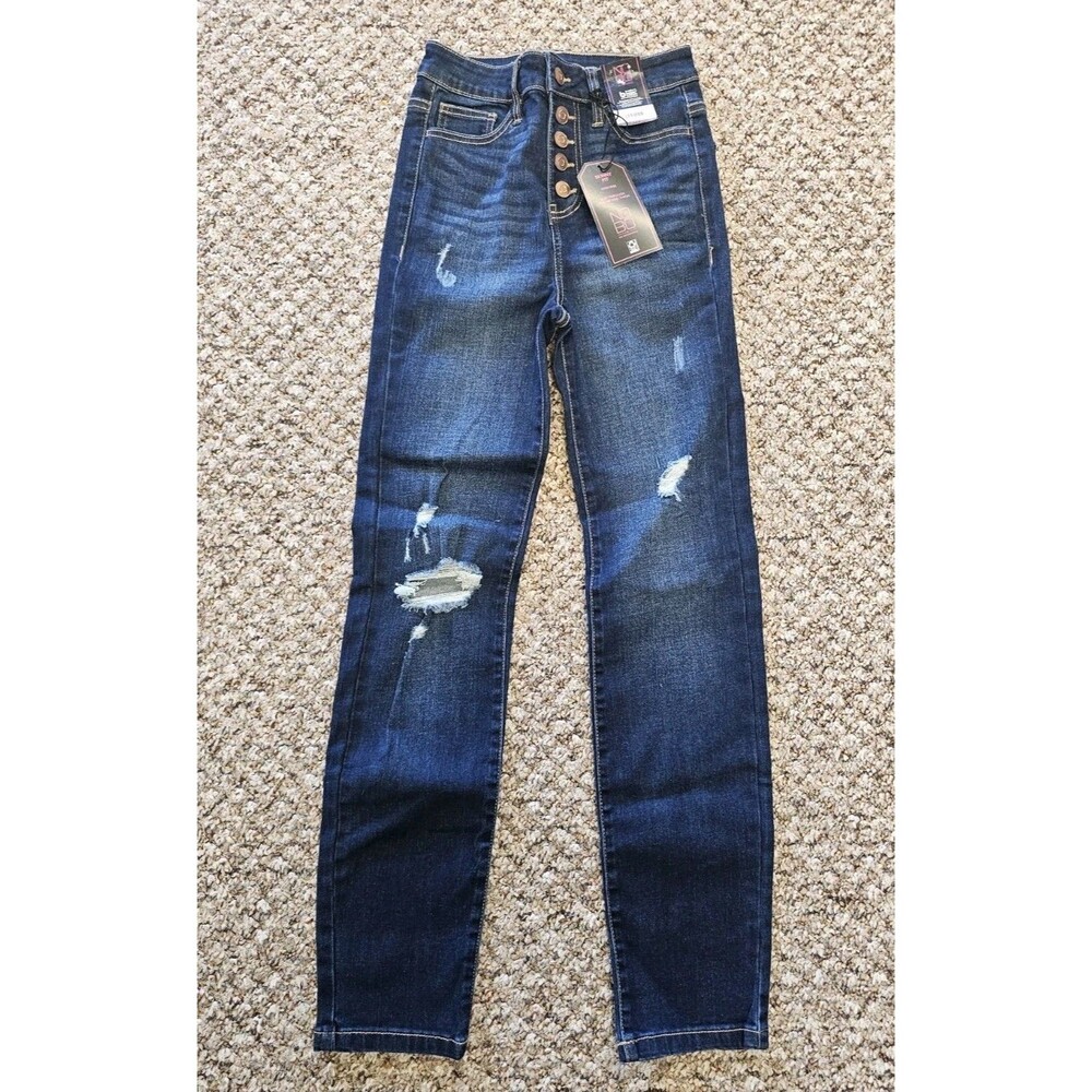 No Boundaries Dark Wash Button Fly Destructed Skinny Jeans High Rise Size 1